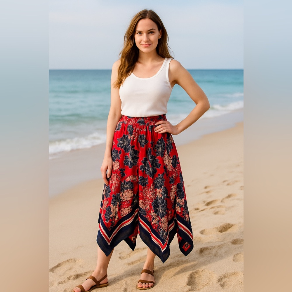 Denim 24/7 Red Floral Handkerchief Hem Skirt – 28W Petite - Picture 2 of 12
